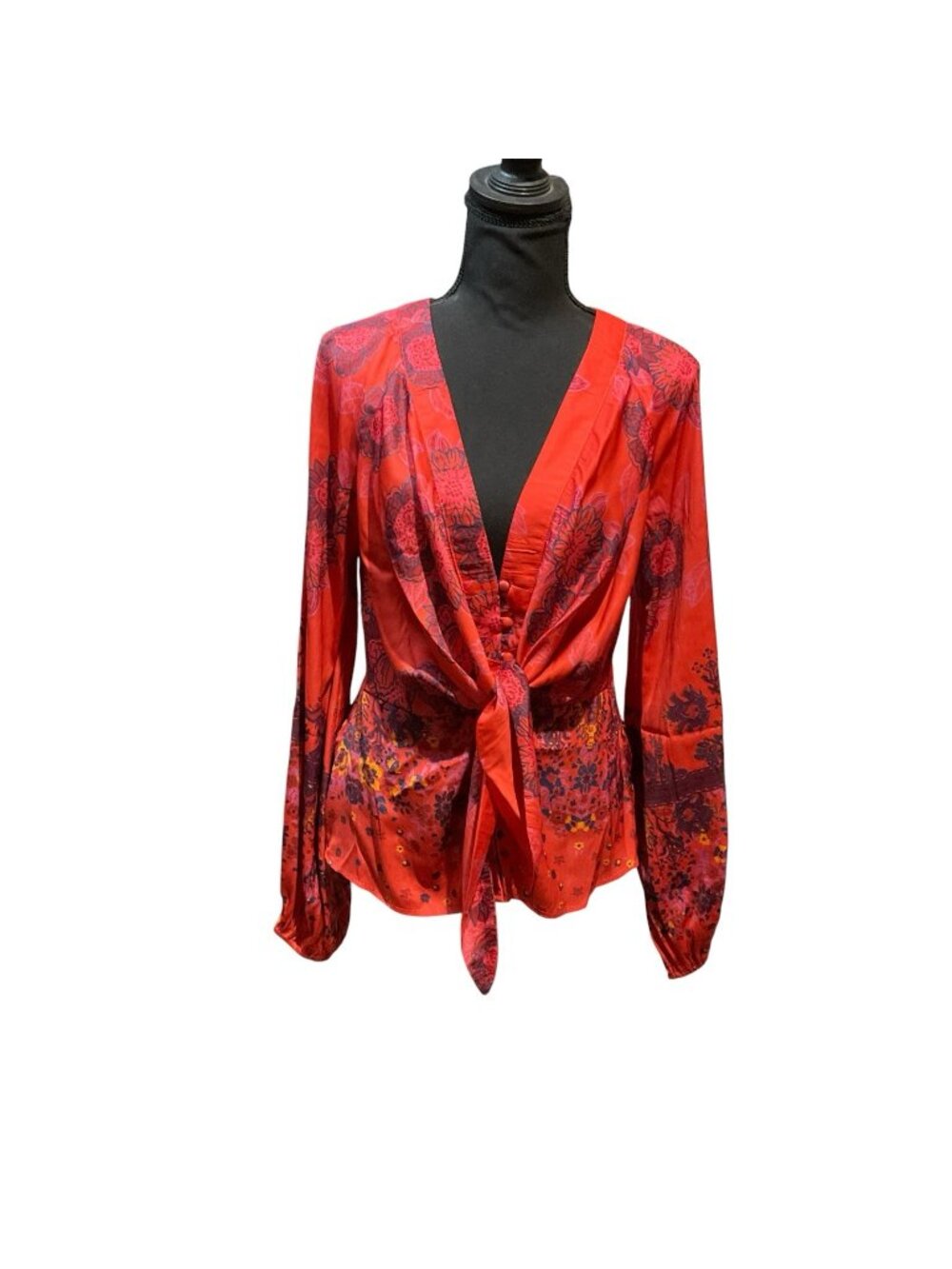 Free People Run Free Orange Blouse Draped Tie Front Floral Balloon Sleeve S/P
